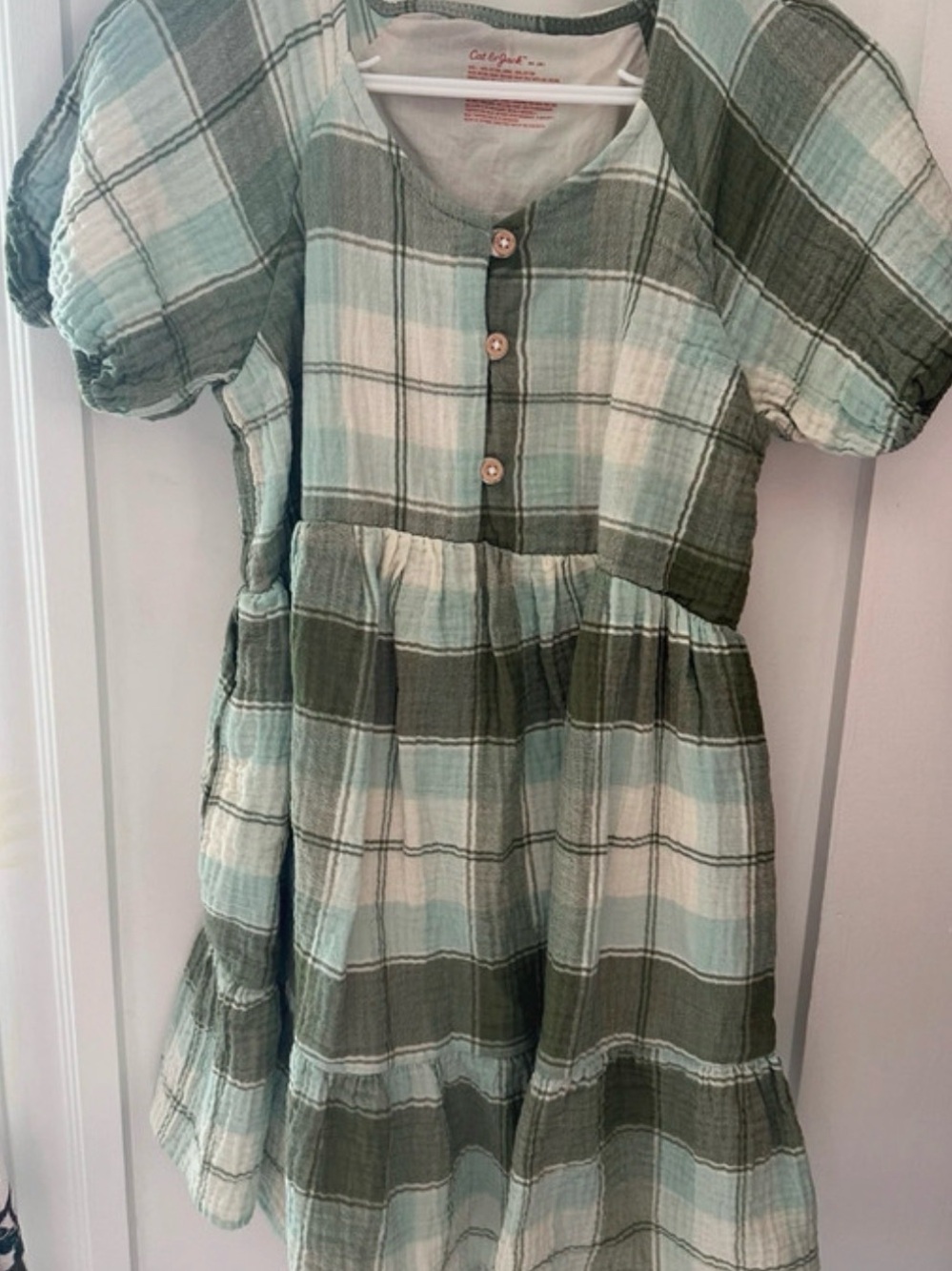 Cat & Jack Mint and Olive Plaid Puff-Sleeve Dress